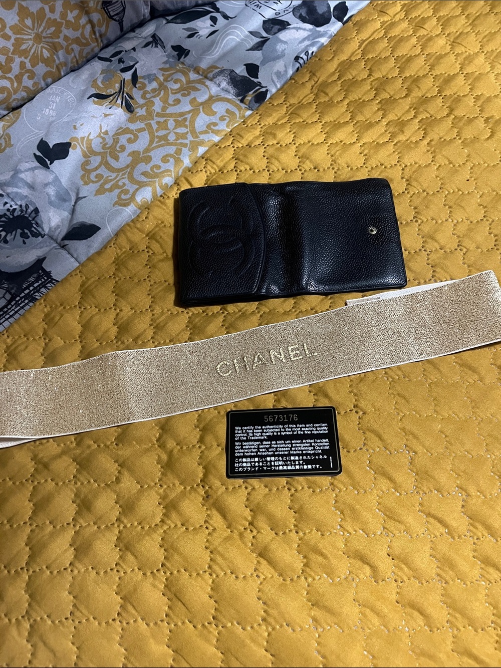 CHANEL Black Leather Key & Card Holder with Gold Accent Ribbon